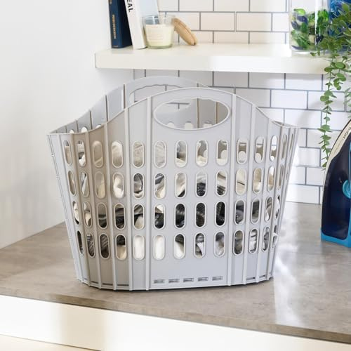 OHS Collapsible Plastic Laundry Basket, Foldable Pop Up Clothes Hamper with Handles Portable Space Saving Washing Baskets for Laundry Easy To Carry Storage Container, Grey
