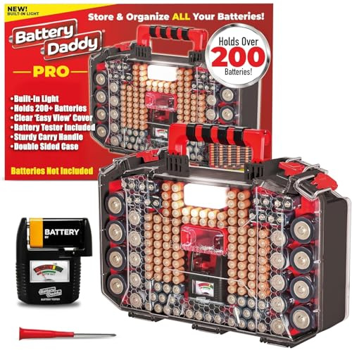 Battery Daddy Storage & Organizer Case with Light and Tester, Stores & Protects Over 200 Batteries, Double-Sided, Durable Design with Clear Locking Lid, Secure Latches & Portable Carrying Handle