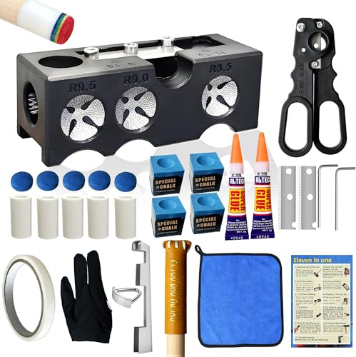 11 in 1 Pool Queue Tip Repair Kit, Professionelles All-in-One Pool Stick Tip Tool für Shaping, Ersatz, Wartung, Tips Shaper & Scuffer Kit, Pool Queue Trimmer - Für Billard Enthusiasten & Profis