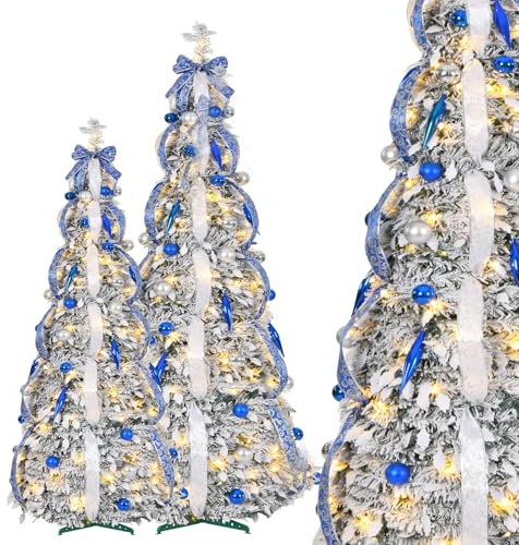 Aufun 150 cm Pop Up Spiral Weihnachtsbaum mit 100 LED, Tannenbaum Künstlich, Zusammenklappbarer Christbaum Mit Weihnachtskugeln, Sternspitze, Weihnachtsdeko für Haus, Geschäft (Blau mit Schnee)