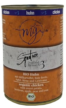 My Nassfutter Bio-Huhn mit Bio Süßkartoffel, Bio Rote Beete, Bio Apfel und Bio Birne 410g Dose mÿ Hundefutter ohne Konservierungsstoffe, künstliche Aromastoffe und Farbstoffe & Lockstoffe