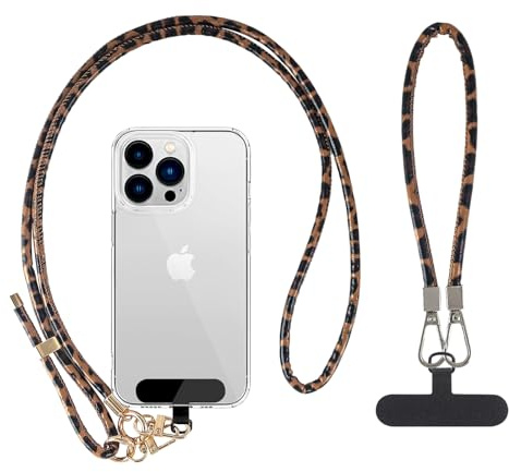 Reownest Cordon Téléphone Portable Tour de Cou et Dragonne de Poignet Universels avec 2 Patchs, Lanière de Téléphone Réglable en Cuir à Motif Léopard, Compatible Smartphones, Marron Foncé