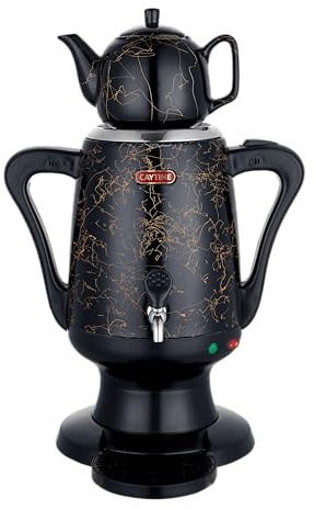 Caytime Samowar 3,5 L Semaver Edelstahl – Teekocher mit schwarzer Keramikkanne/Elektrischer Samowar im modernen Design