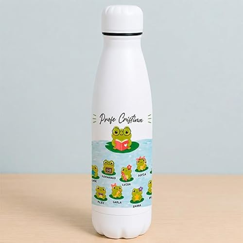Transparent Gift Botella Ranitas Personalizada para Profesores. Botella Infantil con Nombres de Alumnos. Regalos Originales Fin de Curso. Regalos Personalizados para Maestros y Maestras.