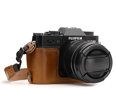 MegaGear MG959 Ever Ready Leder Kamera Halbtasche mit Trageriemen kompatibel mit Fujifilm X-T30, X-T20, X-T10 - Hellbraun