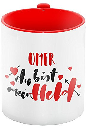 Tasse mit Namen und Lettering-Text - Omer du bist mein Held - für Verliebte zum Valentinstag | Liebes-Tasse für Paare