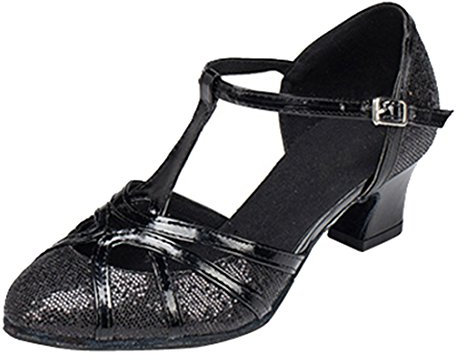 MGM-Joymod Chaussures de Danse pour Femme Bride en T Bout fermé Paillettes Synthétiques Soirée de Mariage Tango Salle de Bal Moderne Amérique Latine, Talon Noir pailleté de 5cm,38 EU