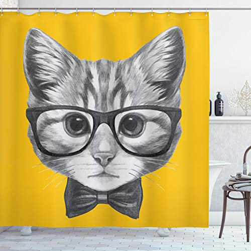 ABAKUHAUS Brille Duschvorhang, Baby-Hipster-Kätzchen-Katze, Stoffliches Gewebe Badezimmerdekorationsset mit Haken, 175 x 180 cm, Grauer Senf