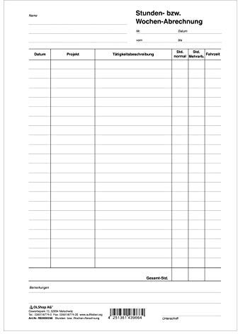 Stunden- bzw. Wochenabrechnung DIN A5 2-fach durchschreibend Block á 50 Satz
