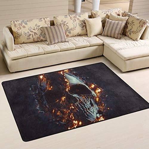 Mnsruu Areal-Teppich 91 x 61 cm Totenkopf leuchtendes Feuer Bedruckt Teppich Wohnzimmer Decor Fußmatte Teppich für Schlafzimmer
