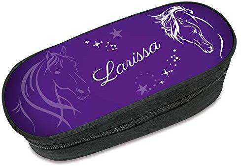 Unikatolo Federmäppchen Pferd lila mit Name personalisiert, violett Stiftebox Mädchen, Federtasche, Geschenkidee Schulanfang Pferdemädchen, Schule, Kinder, Schultüte, Reiten, Schlamppermäppchen