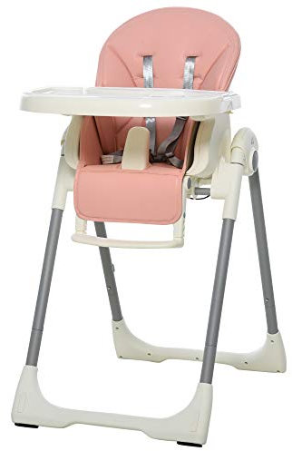 HOMCOM Chaise Haute pour Bébé Ajustable et Pliable avec Double Plateau Chaise Haute pour +6 Mois Inclinable avec 2 Roues et Freins 55x80x104 cm Rose
