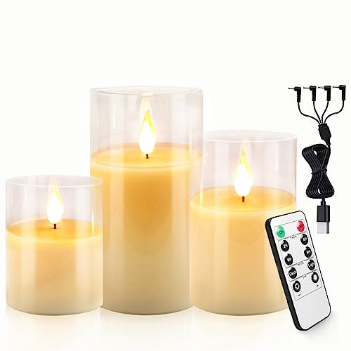 Autbye Flameless Candles Rechargeable Battery Operated Candles Ivory Dripless Real Wax Pillars LED Candles Flickering with 10-Key Remote Control