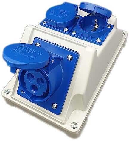 RoadEu Kombi Wandsteckdose 16A 3P, 2x Schuko Steckdosen 230V, Caravan Adapter, Stromverteiler IP44.