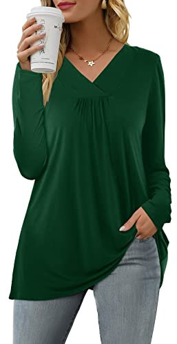 Florboom Tunic Tops Casual Long Sleeve V-Neck Tshirts Longline Shirts Dark Green 18 20