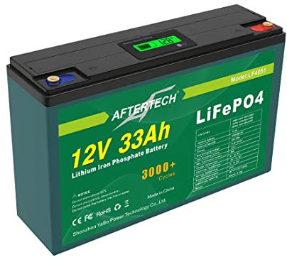 AFTERTECH LIFEPO4 - Bloc-batterie 12 V 33 Ah, rechargeable, lithium-fer-phosphate, pile