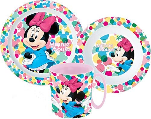 Kinder-Geschirr Set mit Teller, Müslischale und Trinkbecher inkl. Besteck (wiederverwendbar) kompatibel zu (Minnie Maus)