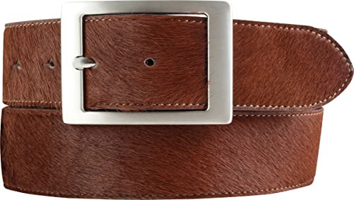 BELTINGER Herren-Gürtel mit echtem Fell und Doppel-Schließe 4 cm | Fell-Gürtel für Herren 40mm | Kuh-Ledergürtel mit geschlossener Dornschließe | Braun 110cm