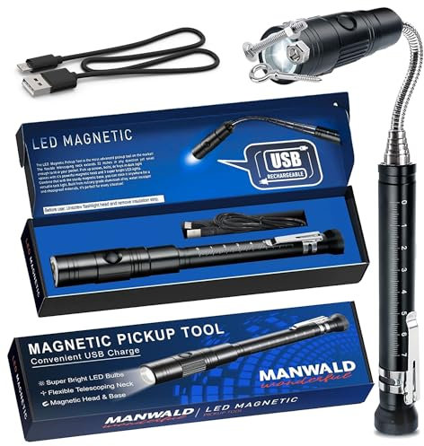MANWALD Outil de ramassage magnétique, lampe de poche magnétique télescopique rechargeable, idée cadeau d'anniversaire unique pour homme, papa, mari, petit ami