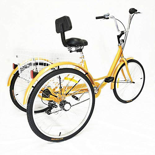 SanBouSi 24 Zoll Fahrrad Erwachsenen Dreirad Cityräder 6 Geschwindigkeit 3 Rad Fahrrad Dreirad mit Rückenlehne Korb, Gelb