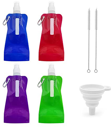 TIANNAIT 4 botellas de agua plegables, bolsa de agua deportiva colorida con clip, embudo y cepillo, bolsa de bebida reutilizable para deportes al aire libre, ciclismo, camping, senderismo, viajes