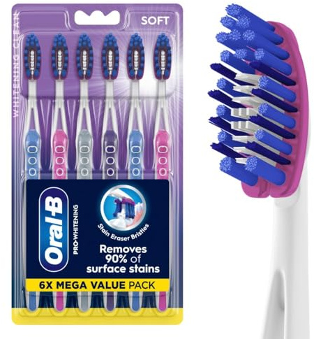 Oral-B 3D White Deep Stain Remover toothbrushes, 6 Count Toothbrush Soft, Removes 90% of Surface Stains, whitens Teeth, deep Reach, removes Plaque and Stains Tooth Brush