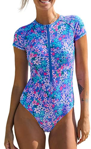 CUPSHE One Piece Swimsuit for Women High Neck Zipper Short Sleeve Bathing Suit Purple Blue Floral M