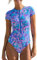 CUPSHE One Piece Swimsuit for Women High Neck Zipper Short Sleeve Bathing Suit Purple Blue Floral M