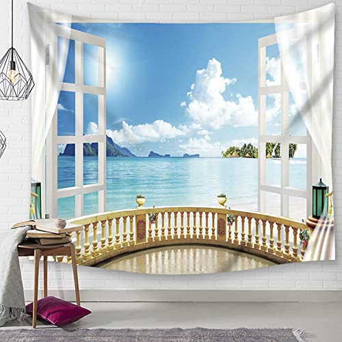 Gualiy Wandteppich Ozean, Fensterblick Meer Blau Himmel Wandbehang aus Polyster Wandtuch Tapisserie für Schlafzimmer Wohnzimmer 350x256cm