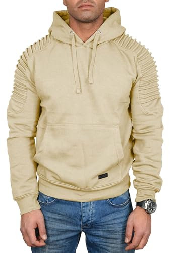 ALESSANDRO SALVARINI Herren Pullover Langarm Sweatshirt Kapuzen Hoodie Biker AS074 [AS-074-Beige-Gr.S]