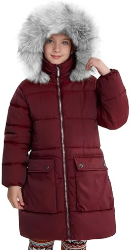 maoo garden Manteau d'hiver Bouffant pour Filles Parka de Neige Épaisse Doublure en Fourrure Duveteuse Capuche Veste Résistante à l'eau Vin 152