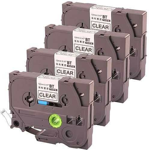 Etikettendrucker für Brother 12 mm, Schwarz auf Transparent, kompatibel mit Etikettenband, Ersatz für P Touch Tze-231, 4er-Pack