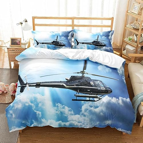 OAXACO Bettwäsche 135x200 Hubschrauber 3D Bettwäsche-Sets Himmel Weiche Atmungsaktiv Mikrofaser Bettbezug und 2 Kissenbezug 80x80 mit Reißverschluss