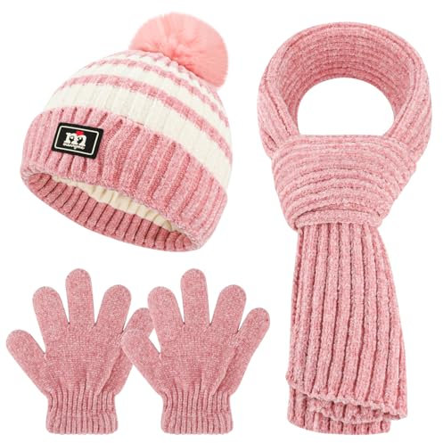 QKURT Children Beanie Hat Scarf Glove Set, Kids Winter Warm Knitted Set Stripe Thermal Cap with Pom Hairball Neck Warmer Gloves Soft Hat Scarf Mitten for 5-12 Years Old