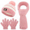 QKURT Kinder Beanie Mütze Schal Handschuh Set, Kinder Winter Warm Strickset Streifen Thermomütze mit Bommel Haarball Nackenwärmer Handschuhe Weiche Mütze Schal Fäustling für 5-12 Jahre alt