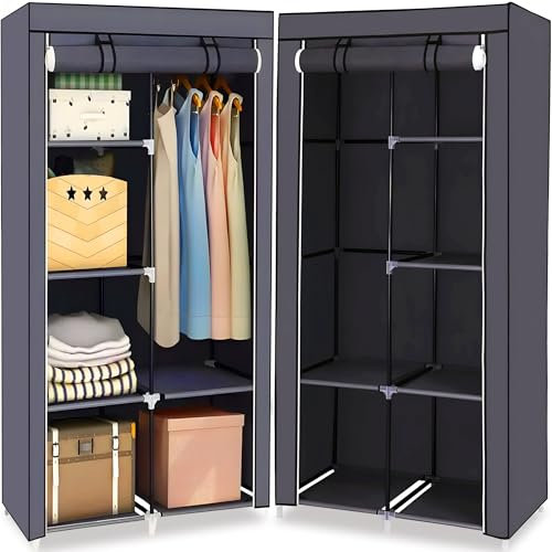 Retoo Kleiderschrank Stoffschrank mit Kleiderstange 6 Ablagen Faltbare Faltschrank für Schlafzimmer Ankleidezimmer Wohnzimmer Reißverschluss 170 x 90 x 45 cm Grau