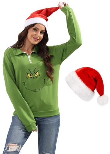 AKTOTO Neue Pullover Hässliche Weihnachtspullover Cartoon Charakter Grün Monster Druck Unisex Sweatshirt mit Weihnachtsmütze, B, Medium