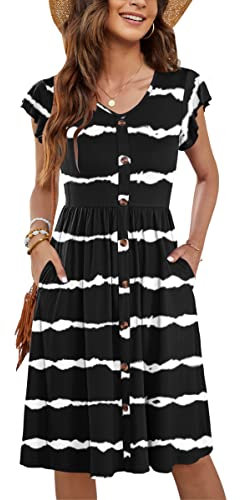 MOLERANI Women Summer Dresses Ruffle Sleeve V Neck Casual Swing Elastic Waist Midi Dress with Pockets Natural Black Wavy Stripe L