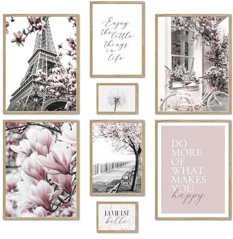 ARTFAVES® Set di poster - SALTA A PARIGI - decorazione da parete in più parti Soggiorno e camera da letto - 8 quadri da parete moderni Primavera, bianco nero, rosa, moda - cornici rovere