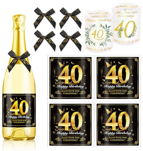 HOWAF 4 Flaschenetikett 40. Geburtstag, Alles Gute zum Geburtstag Flaschenetiketten Selbstklebend Schleife, mit 1 Windlicht Tischdeko, 40 Geburtstag Geschenk Geburtstagsgeschenk für Frauen Männer