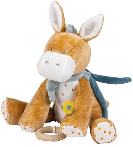 Nattou Aktiv-Kuscheltier aus Polyester, Mit Musik und Silikon-Beißring, Esel Leo, Ca. 30 cm, Felix und Leo, Beige