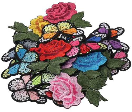YYlingx 22 PCS Embroidery Rose Flower Butterfly Shape Iron on Applique Patches Sew on Embroidery Applique Patches for Arts Crafts DIY Decor Jacket Jeans Clothes Hats Shoes Bags