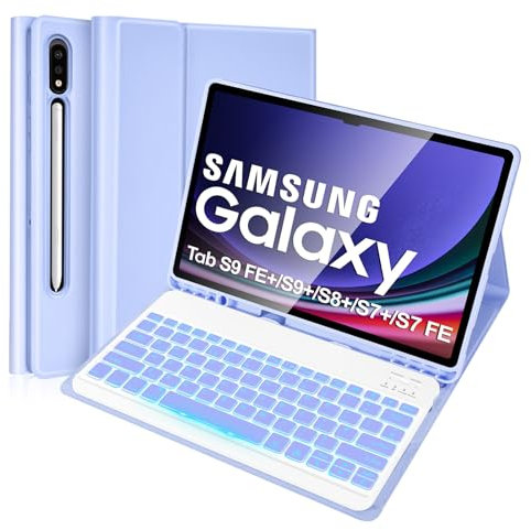 Backlit Keyboard Case for Samsung Galaxy Tab S9 FE+/S9 Plus/S8 Plus/S7 FE/S7 Plus 12.4'', UK Layout, Lively Life Magnetic Detachable Illuminated Keyboard for Galaxy Tab 12.4 Inch, Purple