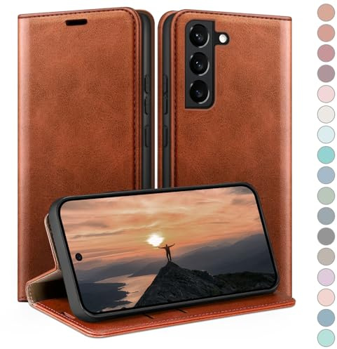 HUOUH für Samsung Galaxy S22 Hülle mit RFID Schutzhülle aus Lederhülle Handyhülle,360 Grad Schutz Case,Kartenfach Leder ständer Handy hülle für Samsung S22 Klapphülle Wallet Cover Hellbraun