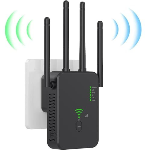 KeeWen Ripetitore WiFi, 1200Mpa WiFi Dual Band Extender 2.4G/5G, amplificatore di segnale WiFi, 4 antenne, 2 porte LAN, amplificatore WiFi per l'ufficio e la casa con video tutorial,WiFi