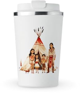 MAXIKIWI - Taza de acero inoxidable aislada de doble pared, a prueba de fugas, vaso de viaje para café o té con tapa, mantiene las bebidas calientes y frías, vida de los nativos americanos, 350 ml