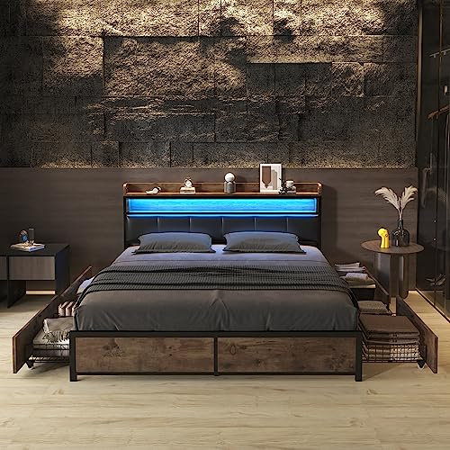 Zravenna Metallbett 180x200 cm, Massivholzbett mit Metall Bettgestell & Lattenrost, Bett mit 4 Schubladen, Polster Kopfteil mit Regal, Tragfähigkeit 300 kg für Erwachsene & Jugendliche