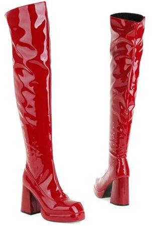 FamMe Stivali Alti da Donna in Ecopelle Stivali Alti al Ginocchio con Punta Quadrata e Tacco Grosso con Blocco Zip Laterale Scarpe Eleganti con Tacco Alto,Rosso,42