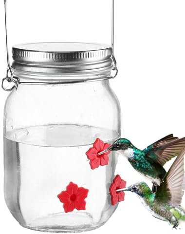 Hummingbird Feeder For Outdoors - Small Top Fill Mason Jar With Flower Ports - Bird Dish Feeder for Outdoors Yard Garden Decoration