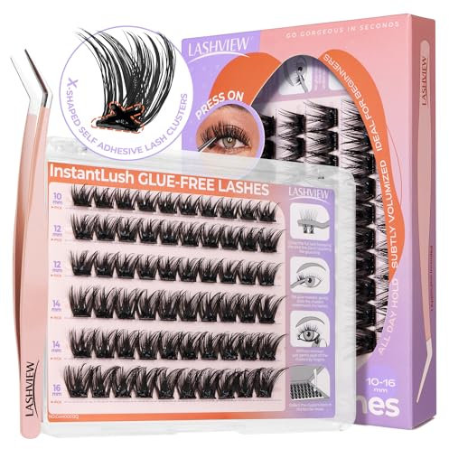 LASHVIEW Self Adhesive Lash Clusters Eyelashes,Press-on Lashes 10-16mm Individual Lash Extension Kit with Lash Tweezers,No Glue Needed Natural Self Adhesive DIY Eyelash Extension Kit N63